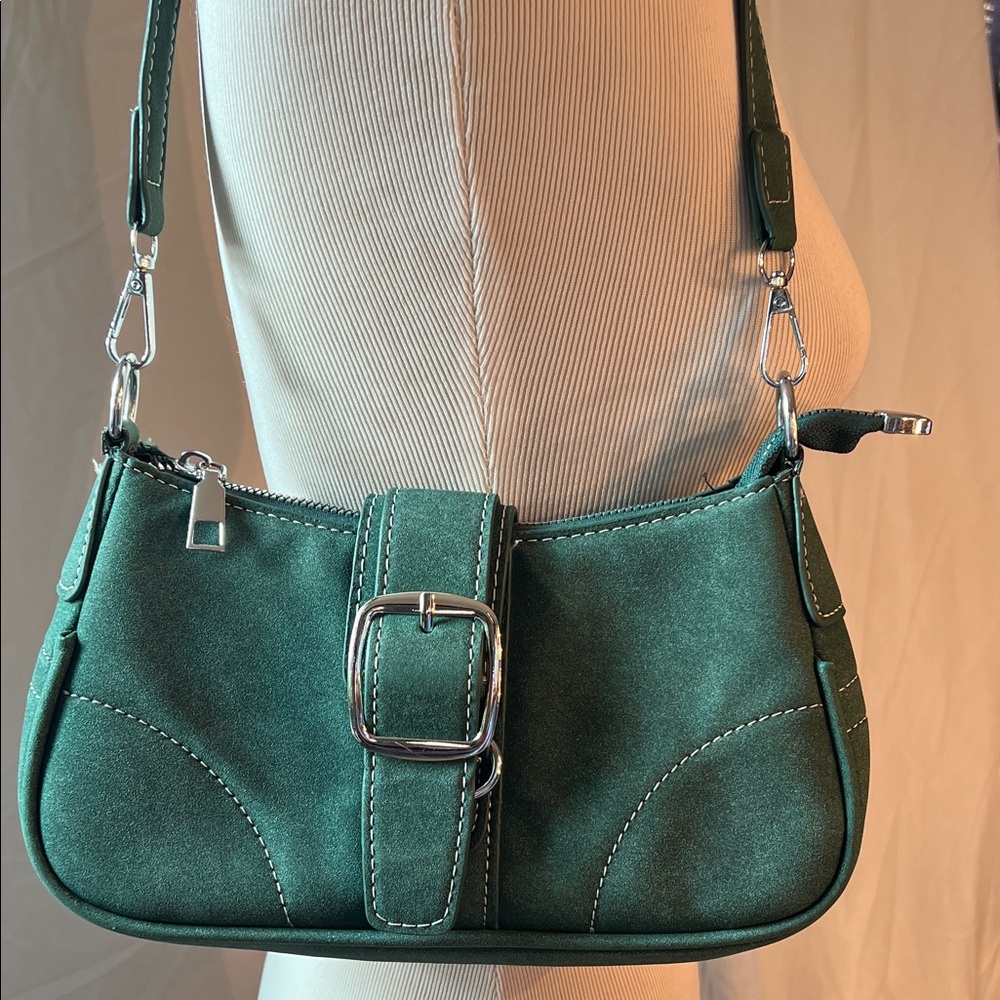 Stylish Green Suede Shoulder Bag with Silver Hardware